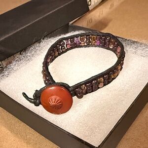 Handmade Beaded  Leather Bracelet Rust Button